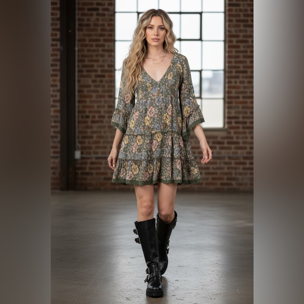 NWT Angie Clothing Boho Bell Sleeve Smocked Mini Dress - Picture 3 of 14